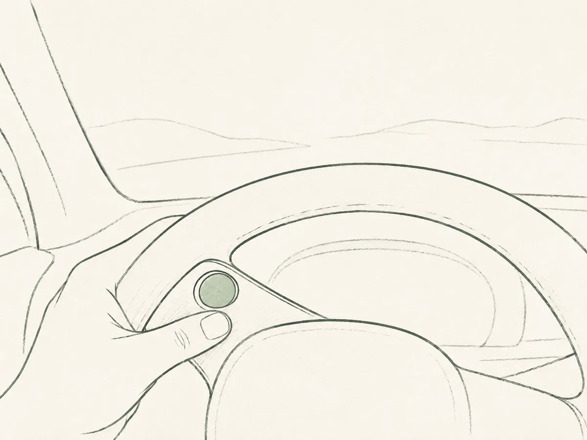 Illustration: a thumb resting next to a small round button mounted on the steering wheel